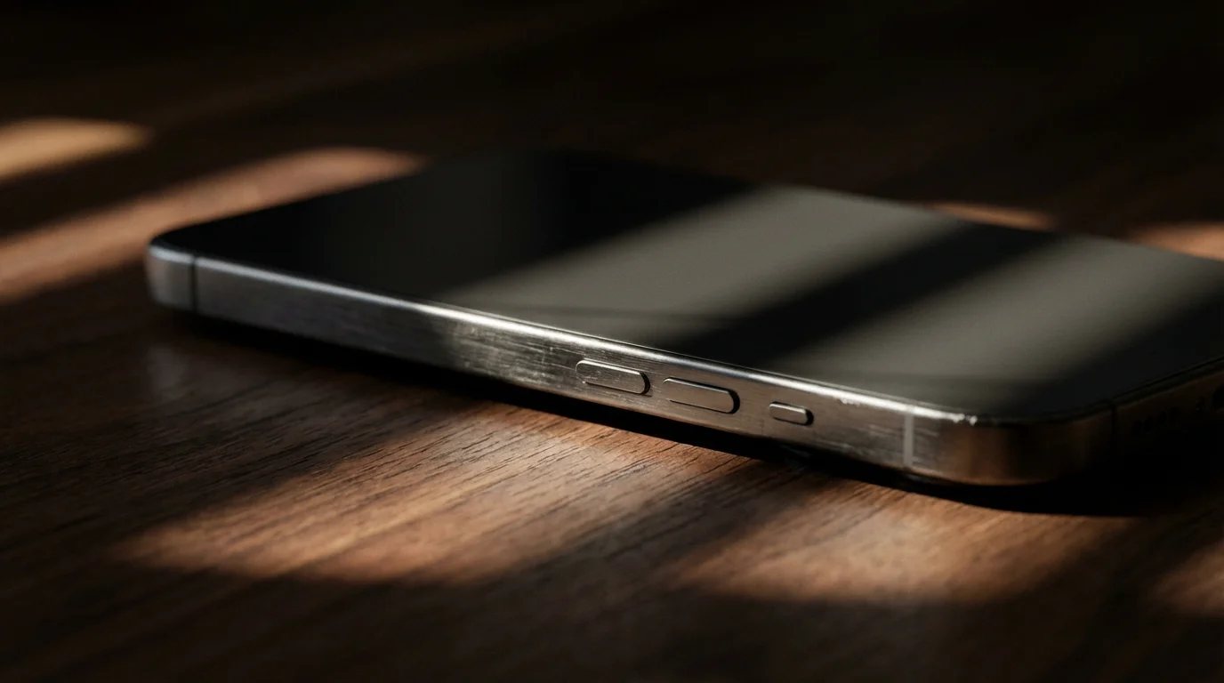 Macro photography of smartphone face down on desk with dramatic afternoon shadows.