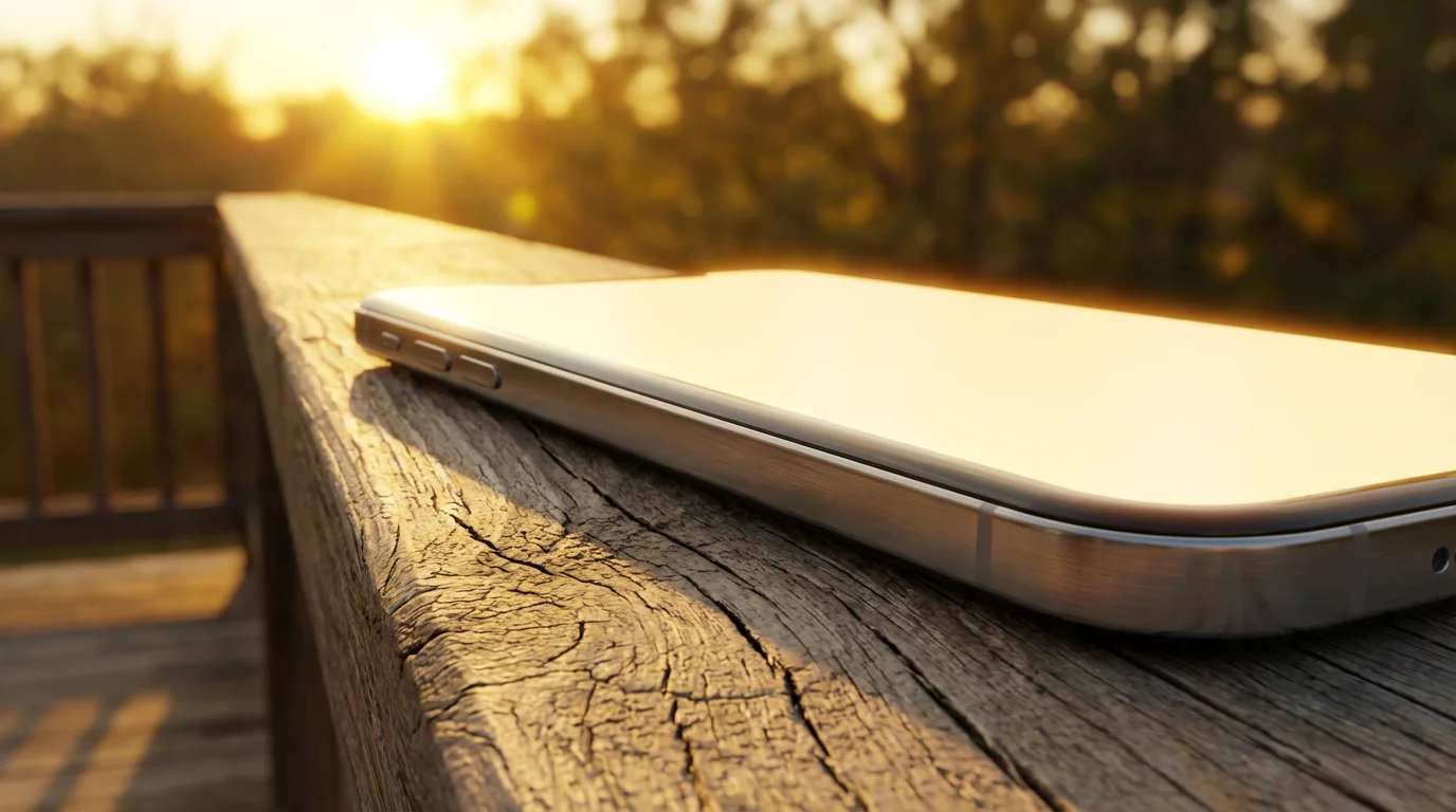 Macro photography of smartphone on wooden railing during golden hour with glowing screen.