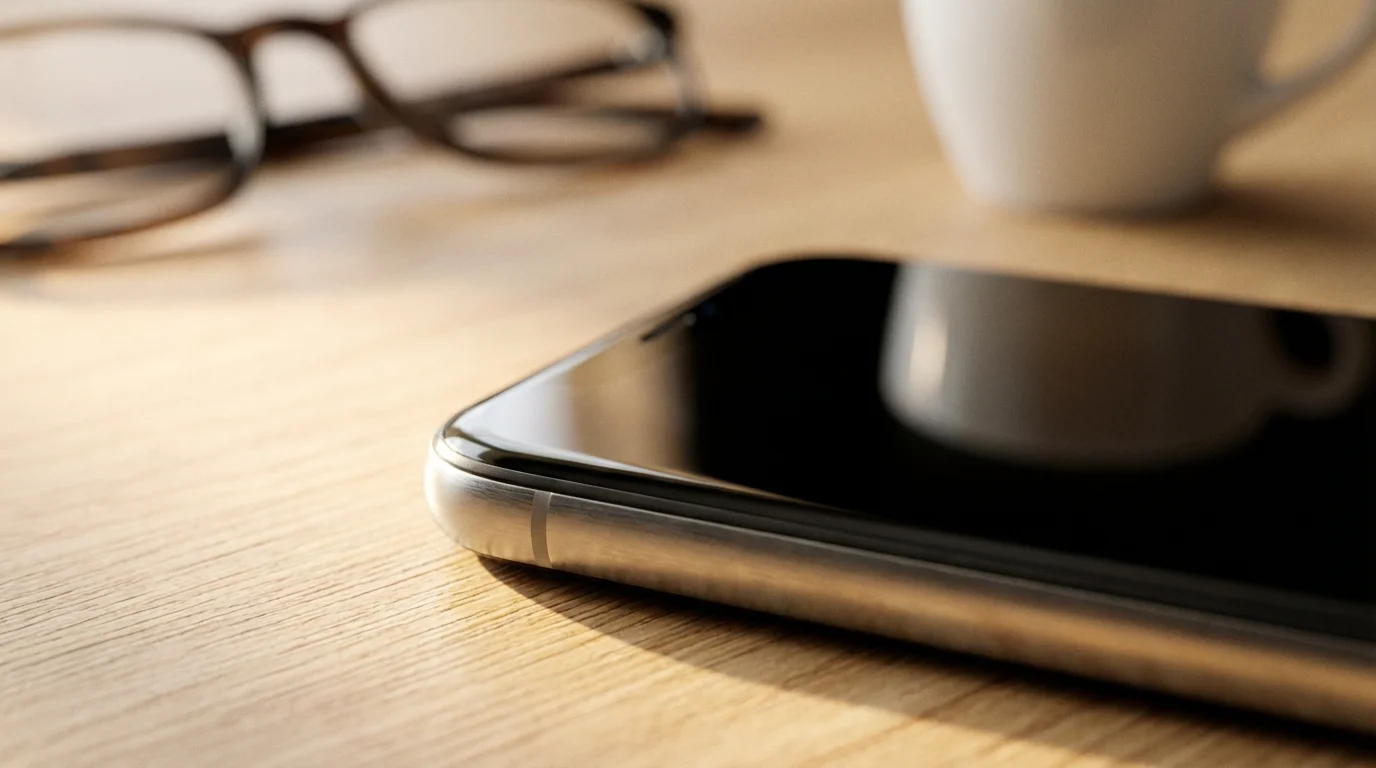 Macro photography of smartphone on wooden desk with coffee cup and glasses in morning light.