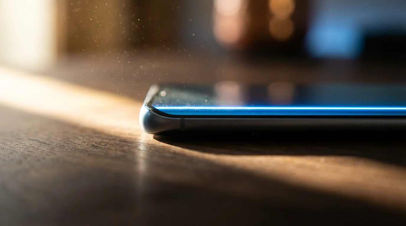 Macro photography of smartphone screen glowing blue on dark desk in afternoon light