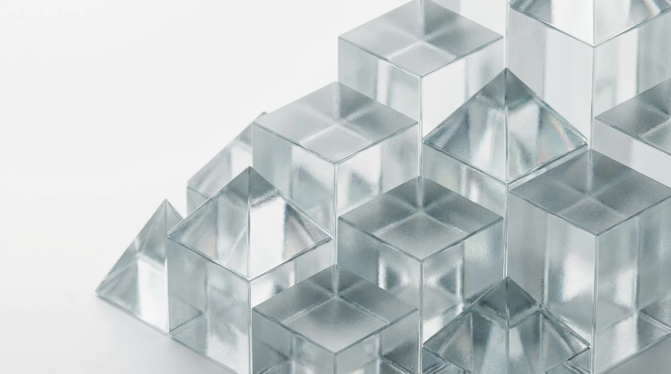 Macro photography of stacked glass blocks symbolizing multidimensional task prioritization and structure.
