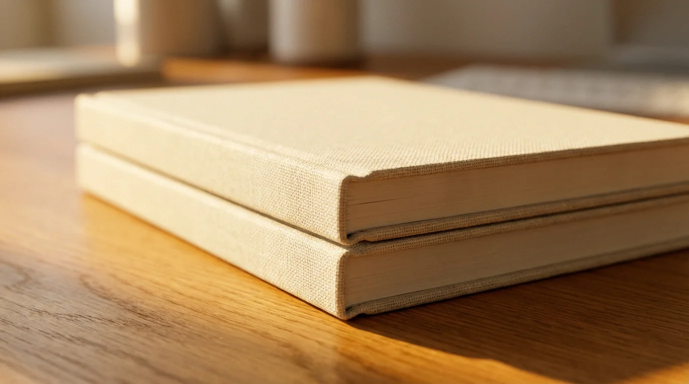 Macro photography of stacked linen notebooks on a wood desk bathed in warm golden sunlight.