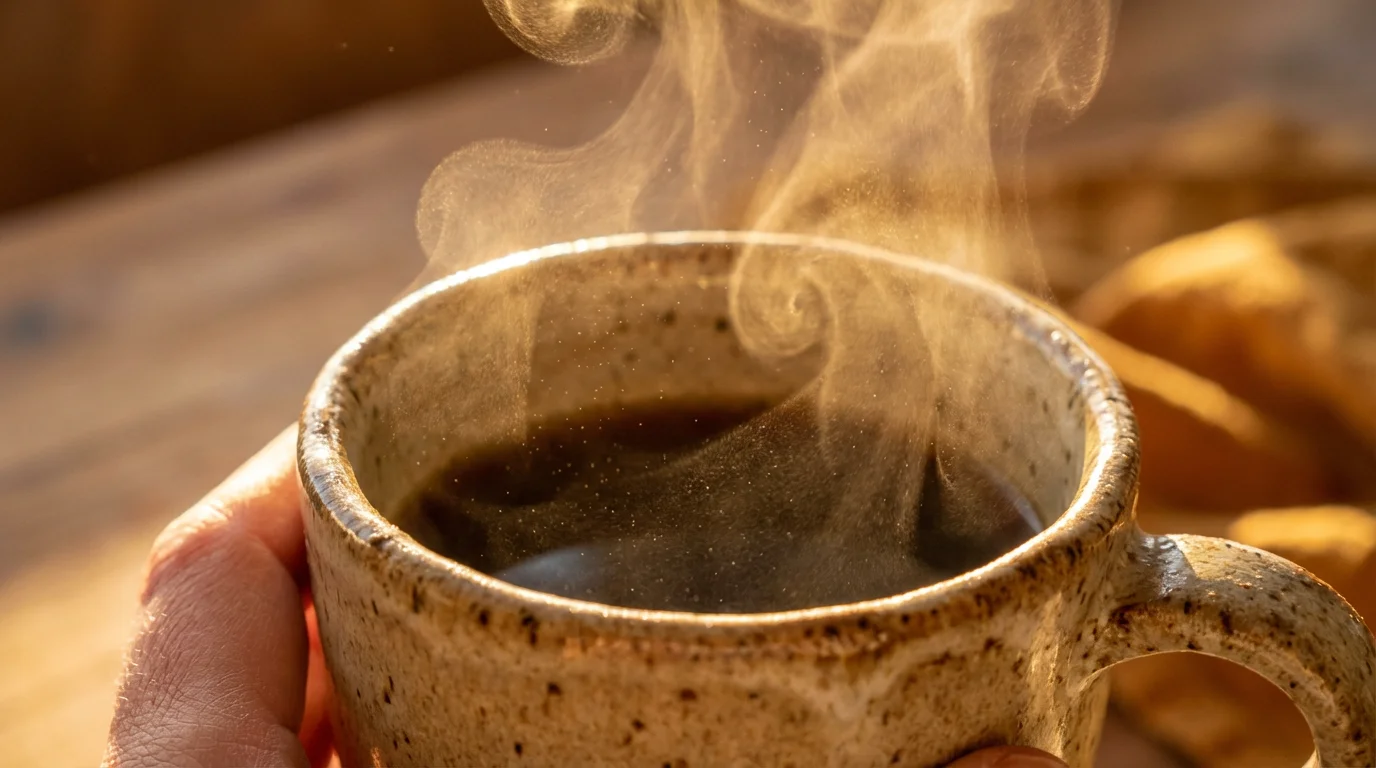 Macro photography of steam rising from a ceramic tea mug in golden sunlight.