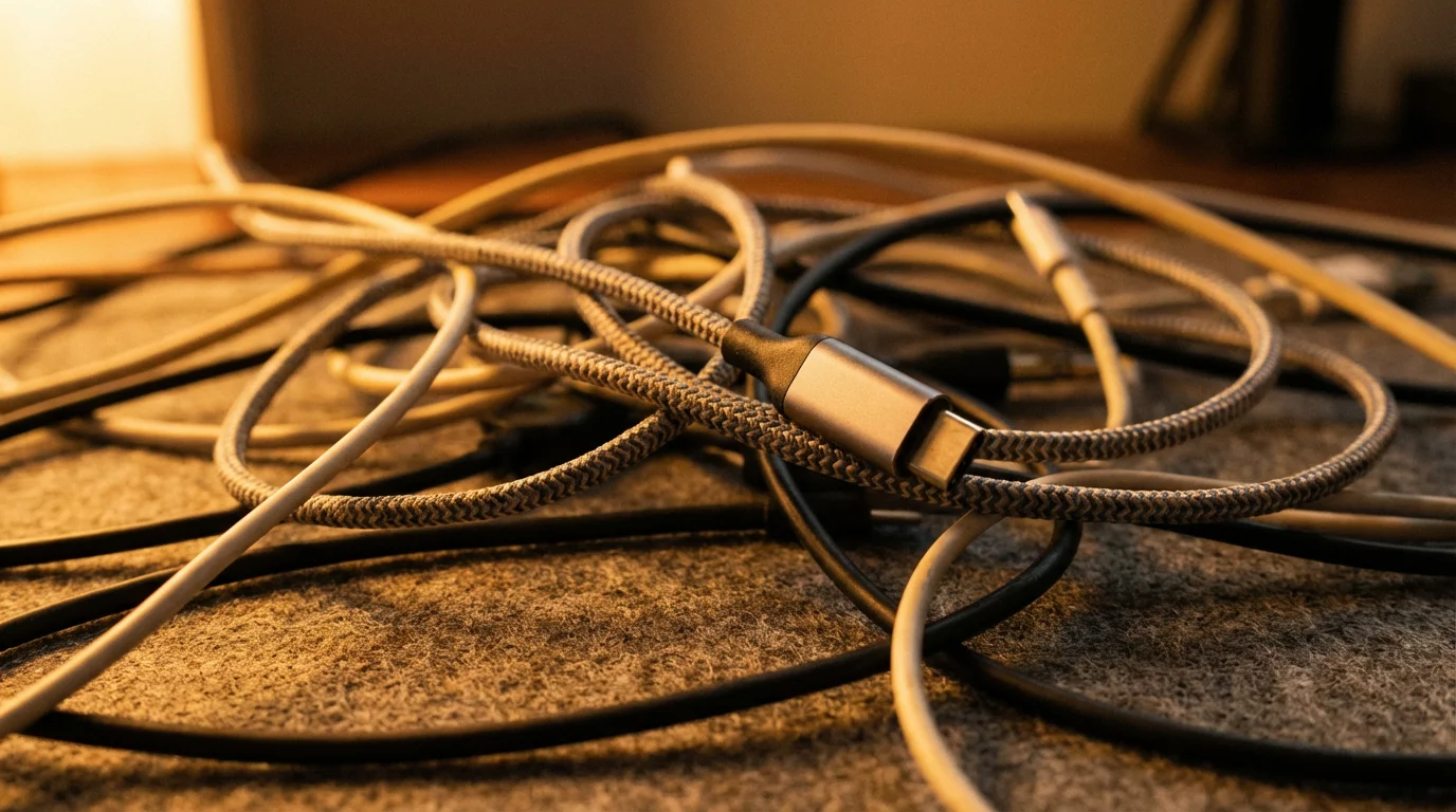 Macro photography of tangled charging cables on a desk illuminated by golden hour sunlight.
