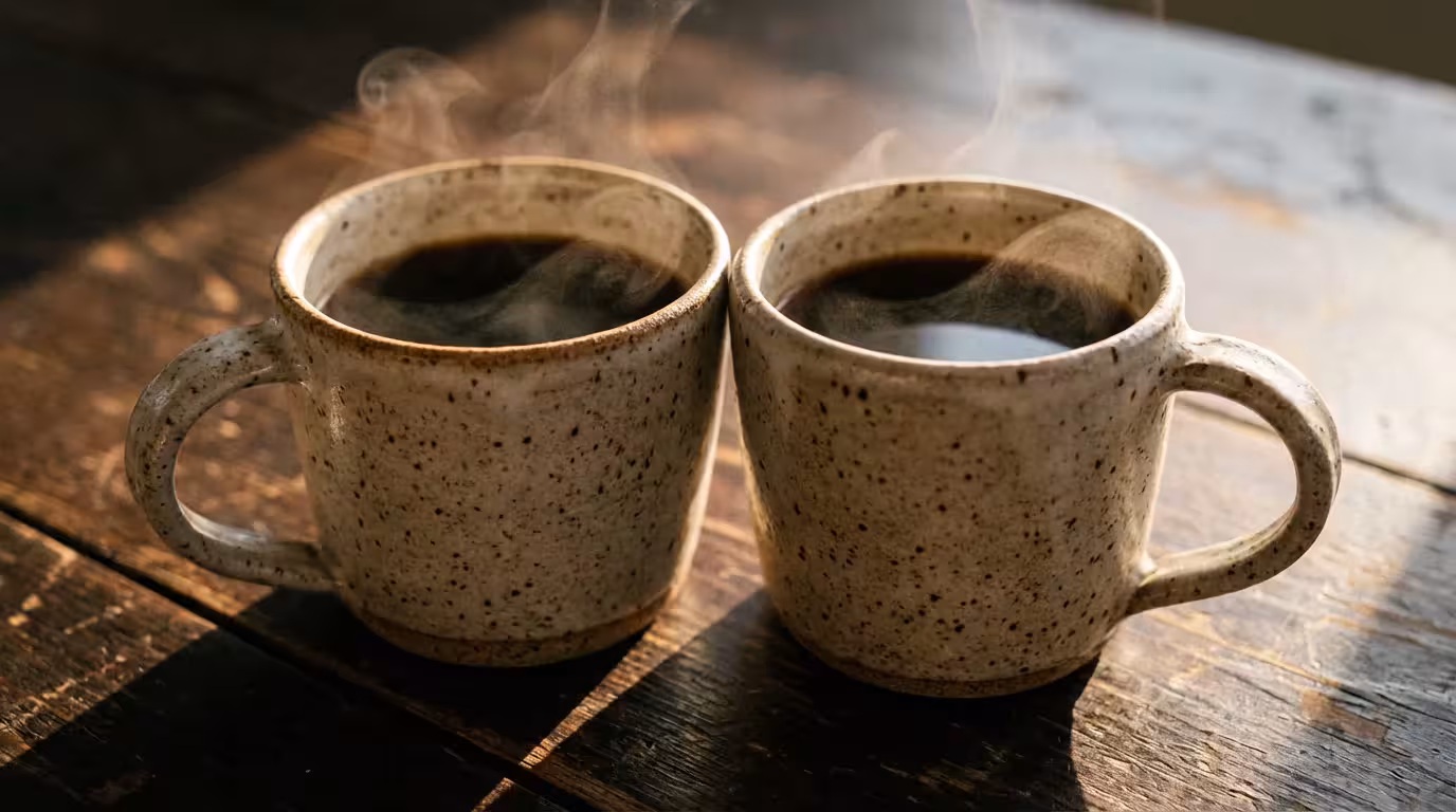 Macro photography of two ceramic mugs on a wooden table with moody afternoon shadows