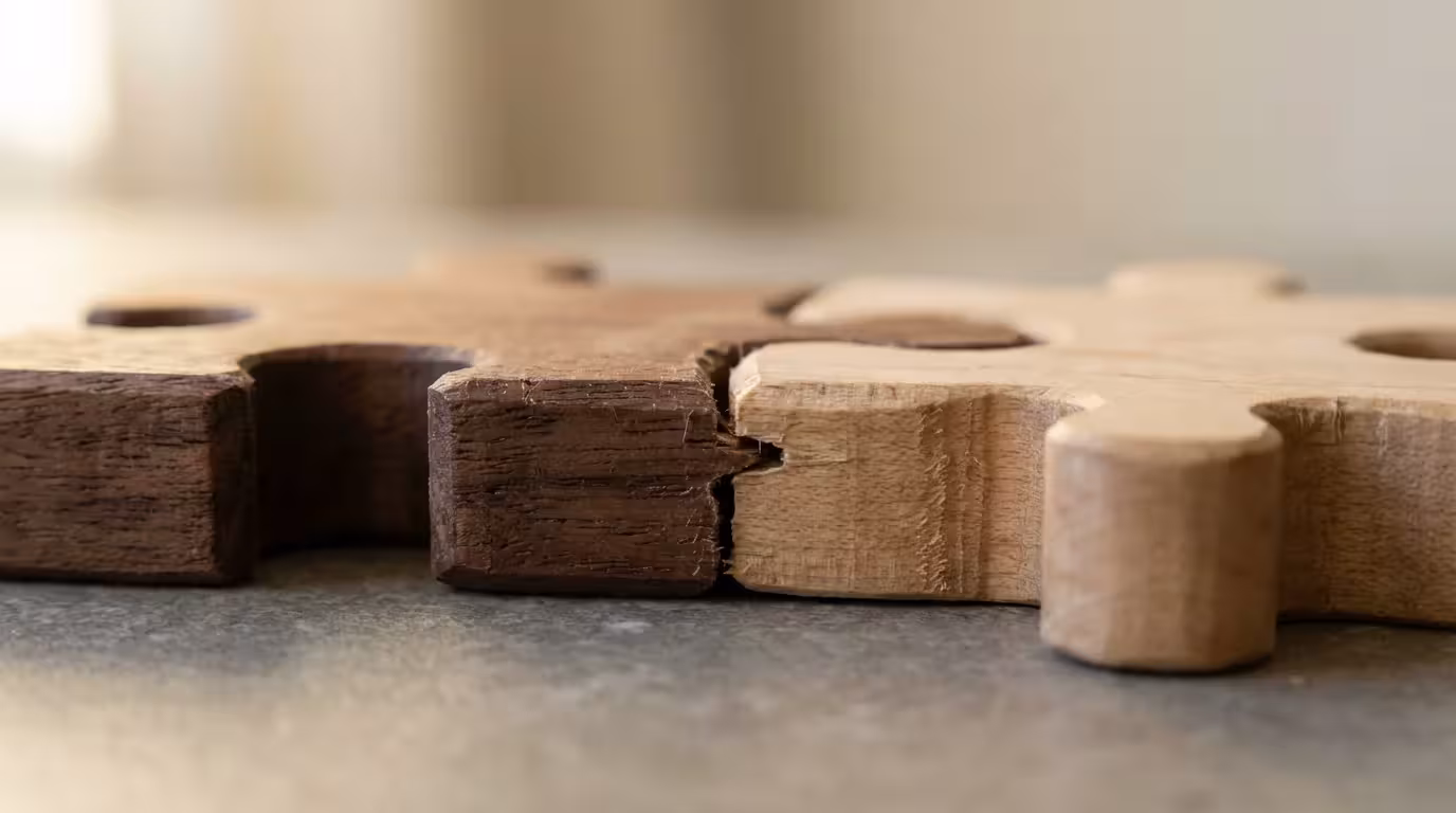 Macro photography of two mismatched wooden puzzle pieces failing to connect properly.