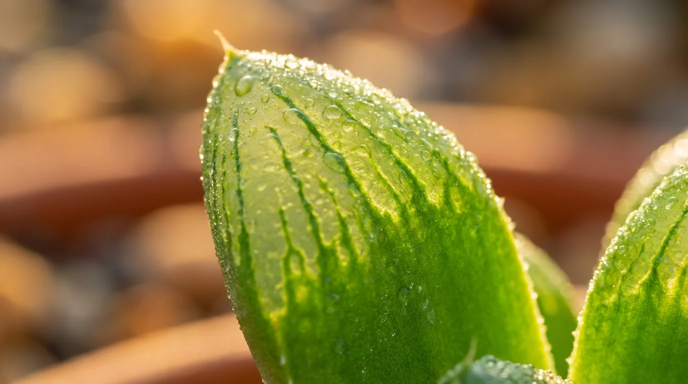 Macro photography of water droplets on a green succulent leaf in golden sunlight.