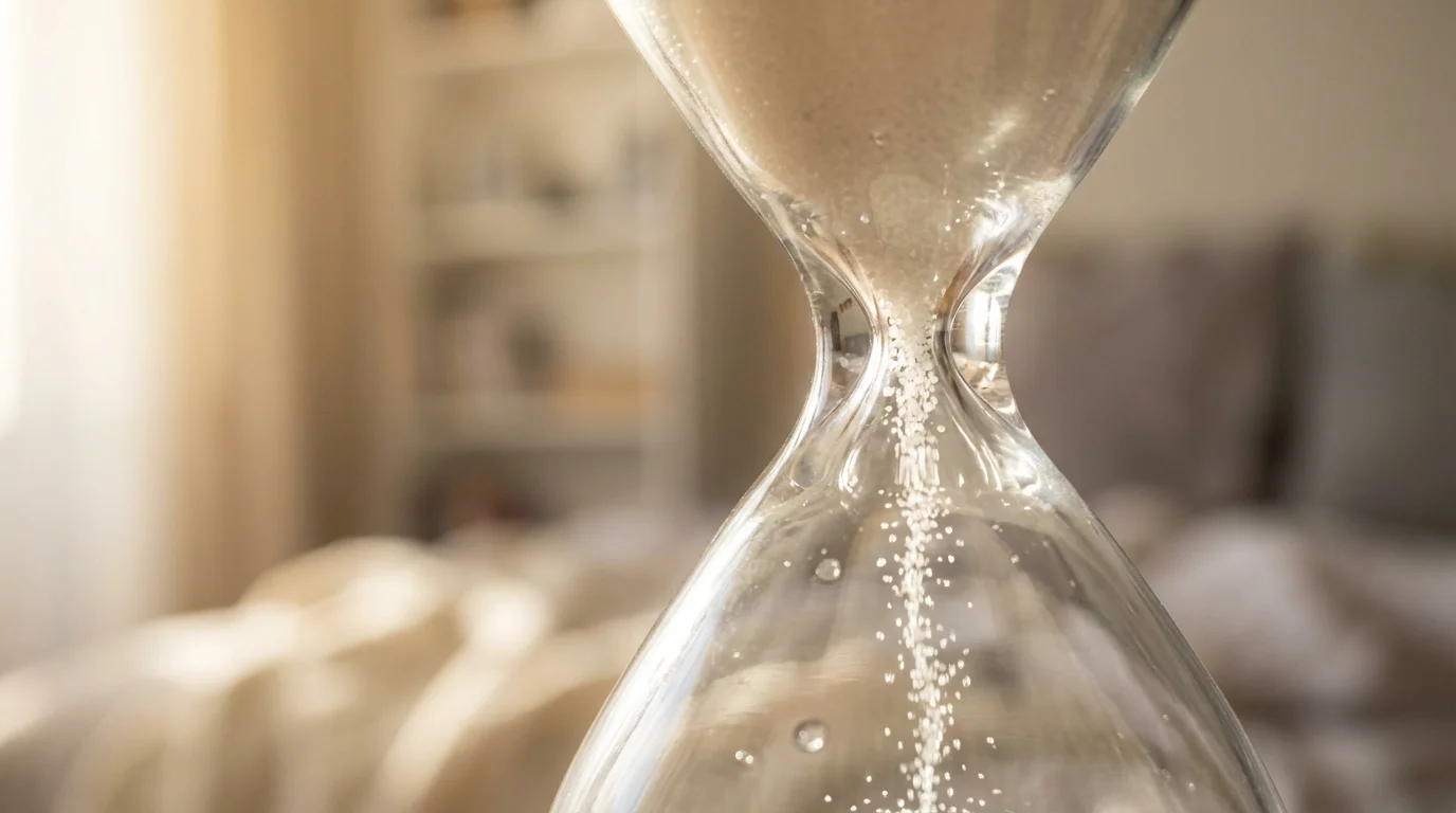 Macro photography of white sand falling through a glass hourglass in soft morning light