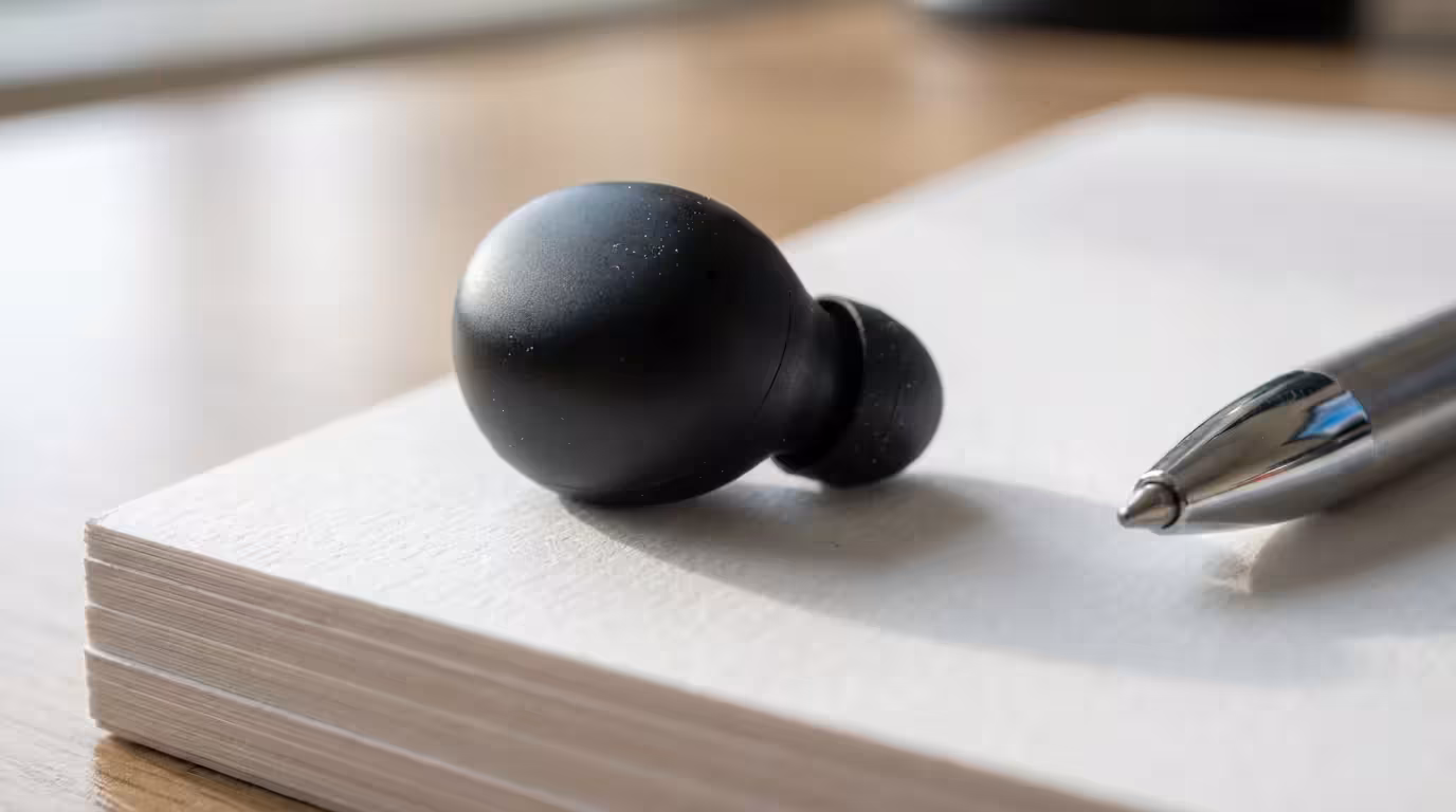 Macro photography of wireless earbud and pen on paper stack representing productivity bundles.