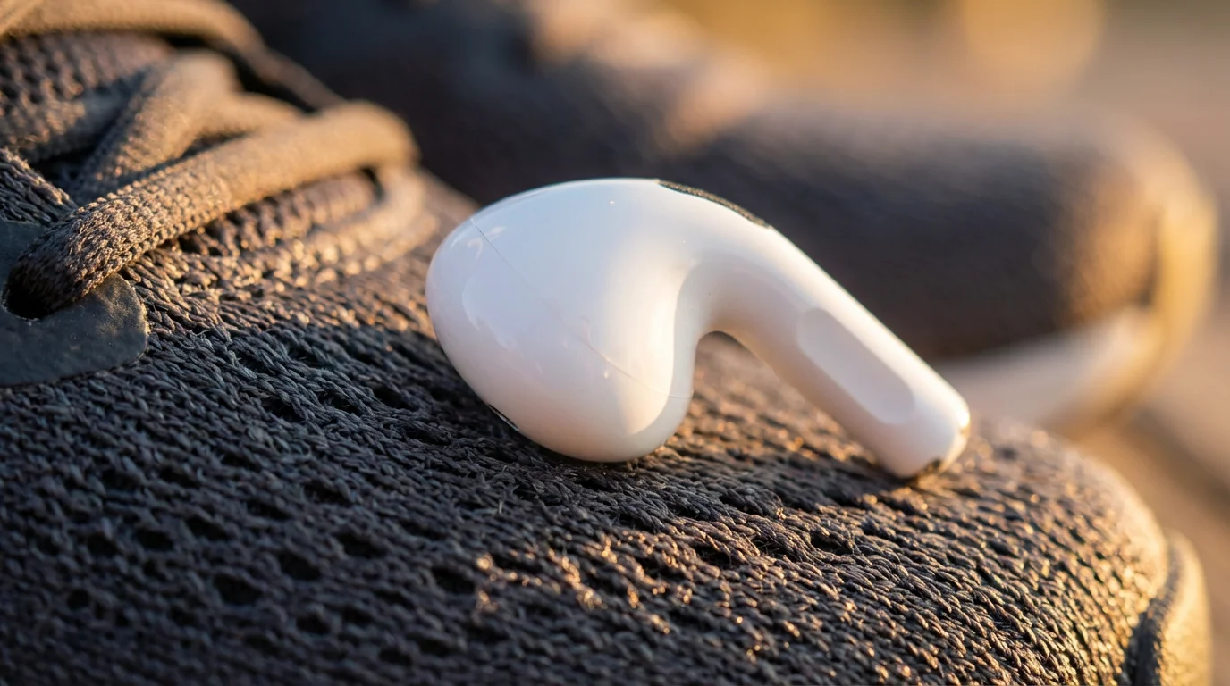 Macro photography of wireless earbud on running shoe mesh texture golden hour light