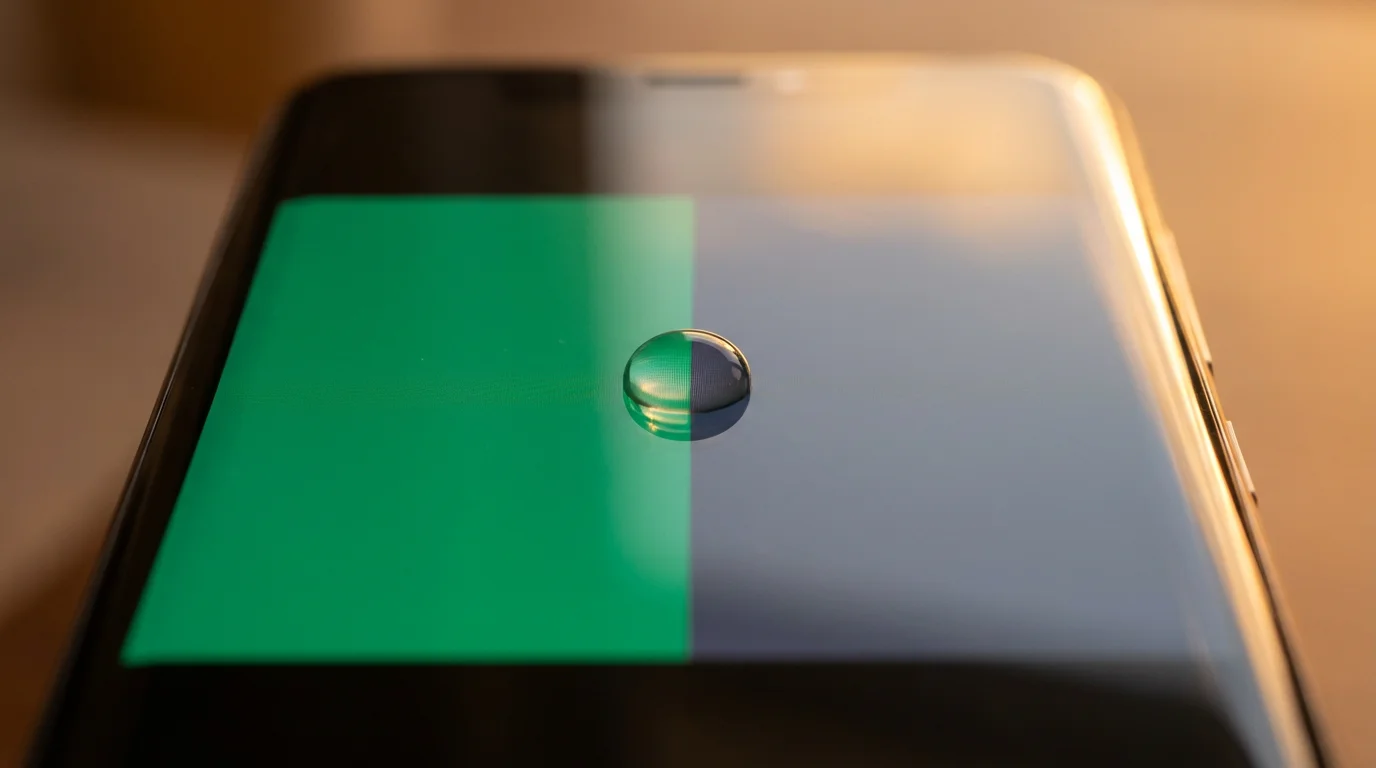 Macro shot of a calendar screen showing contrasting green and gray energy blocks during a review in golden hour light.