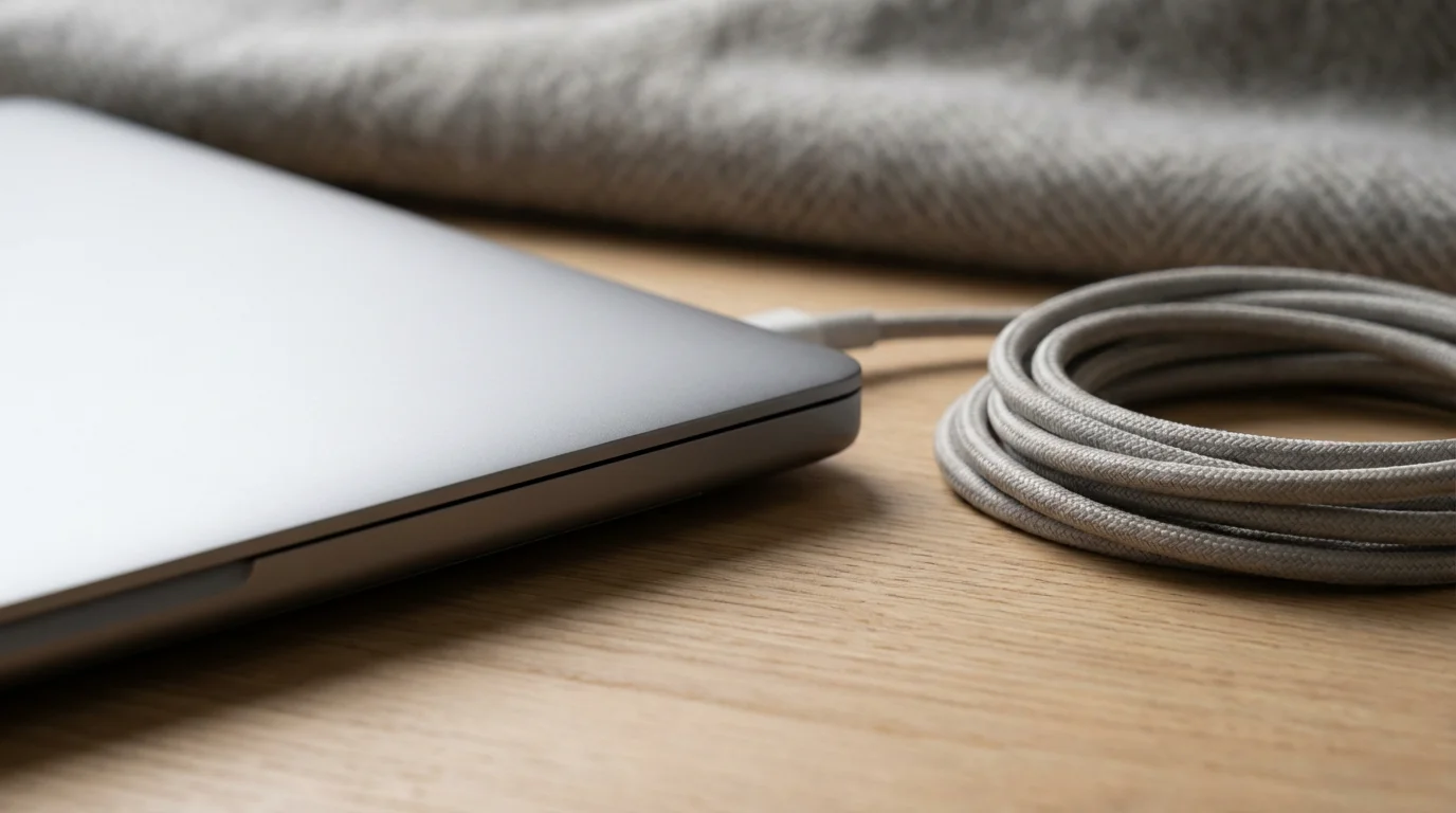 Macro shot of a closed silver laptop on a wooden desk, symbolizing contained work technology.