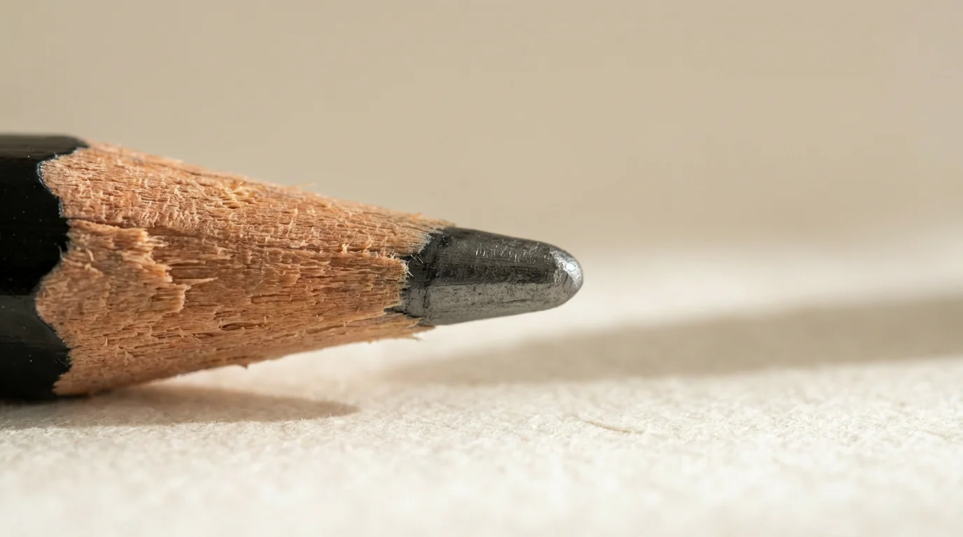 Macro shot of a dull, blunt pencil tip resting on white textured paper.