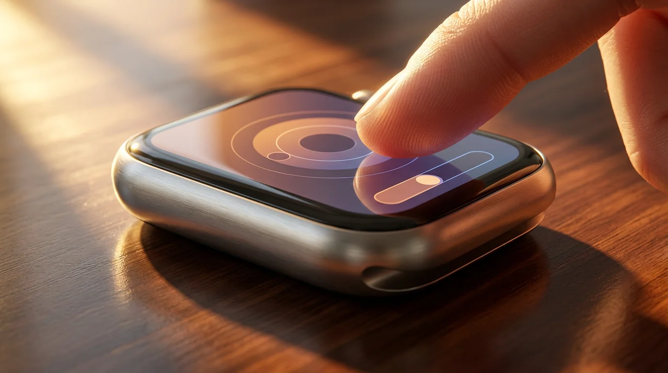 Macro shot of a finger adjusting abstract settings on an unbranded smartwatch during golden hour.