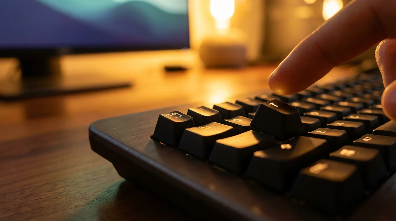 Macro shot of a finger hovering over a keyboard key, illuminated by warm golden hour sunlight.