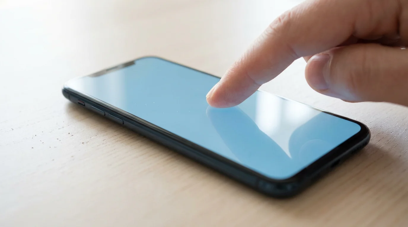 Macro shot of a finger tapping a minimalist smartphone screen during a quiet morning routine.