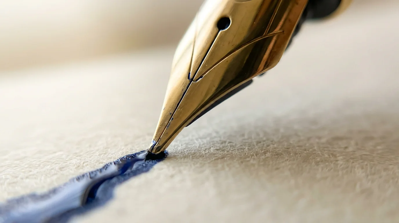 Macro shot of a fountain pen nib drawing an ink line on textured paper.