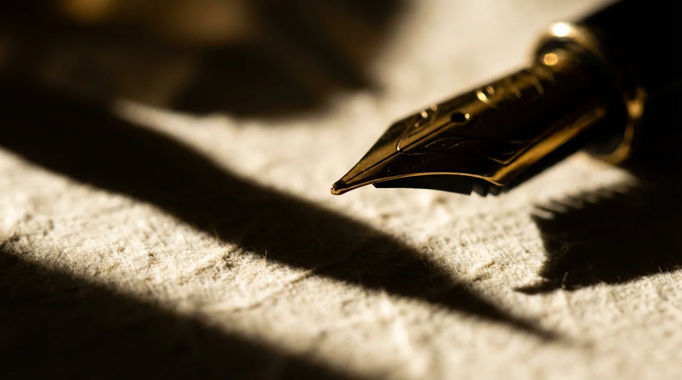 Macro shot of a fountain pen nib on textured paper with dramatic afternoon shadows.