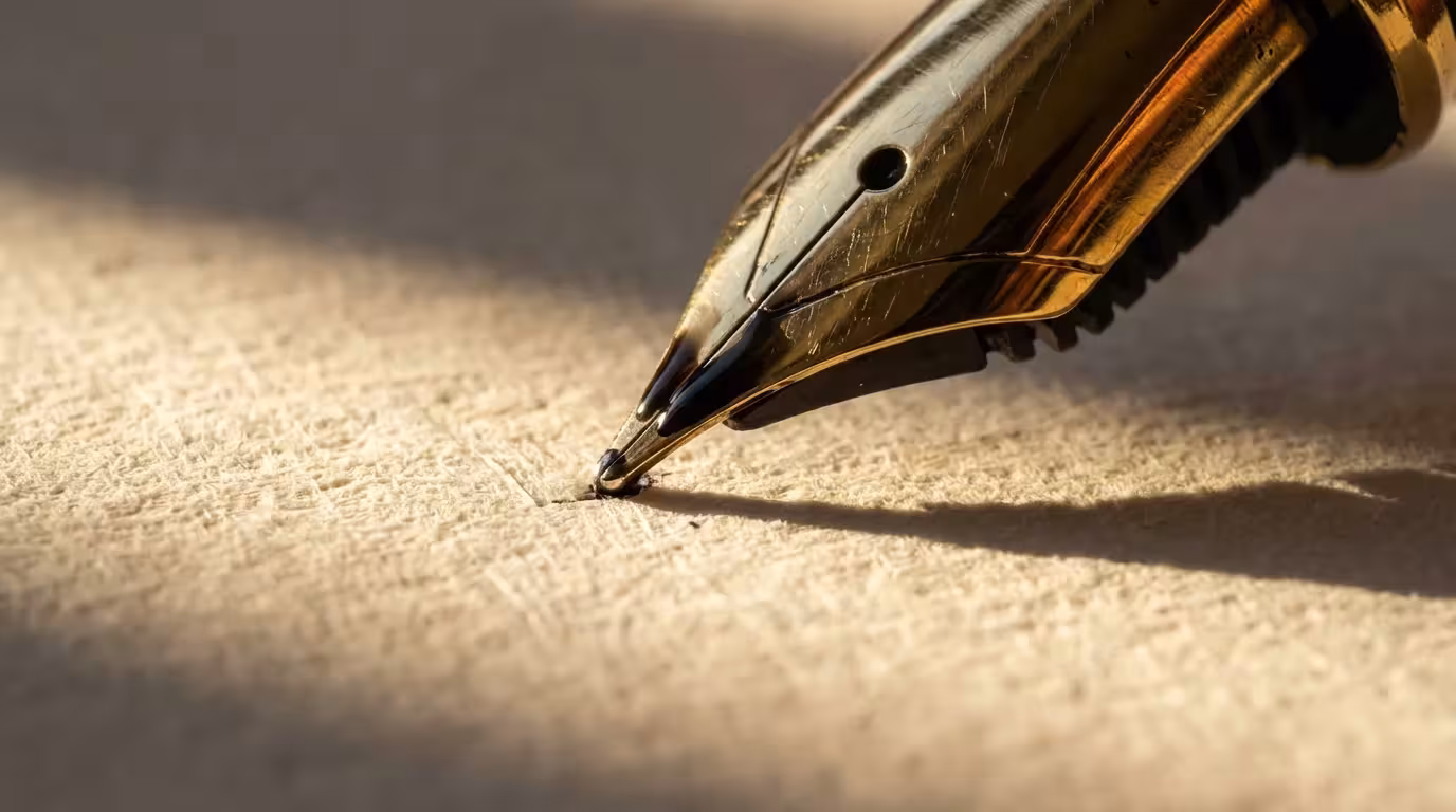 Macro shot of a gold fountain pen nib casting a shadow on textured paper.