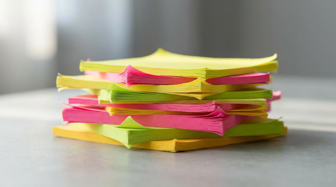 Macro shot of a large, disorganized stack of blank, brightly colored sticky notes, symbolizing chaos.