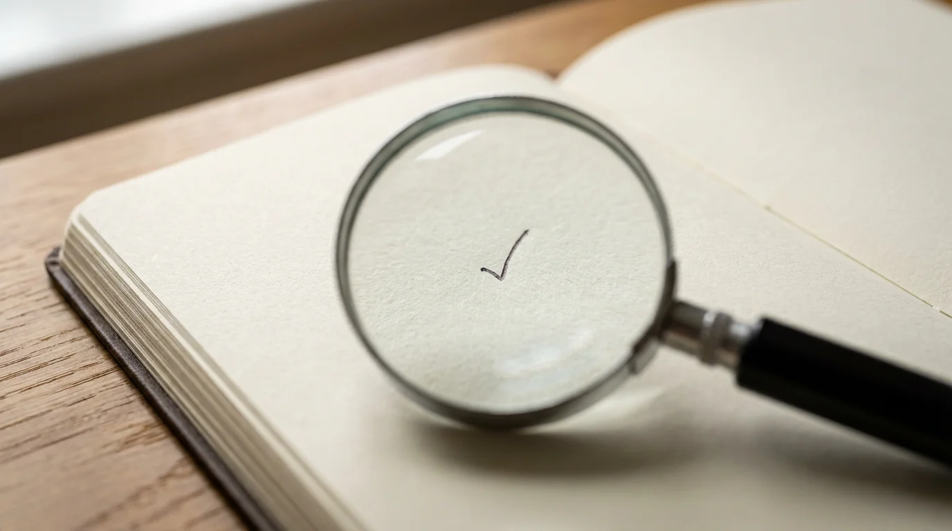 Macro shot of a magnifying glass highlighting a tiny handwritten adjustment mark on a journal page.