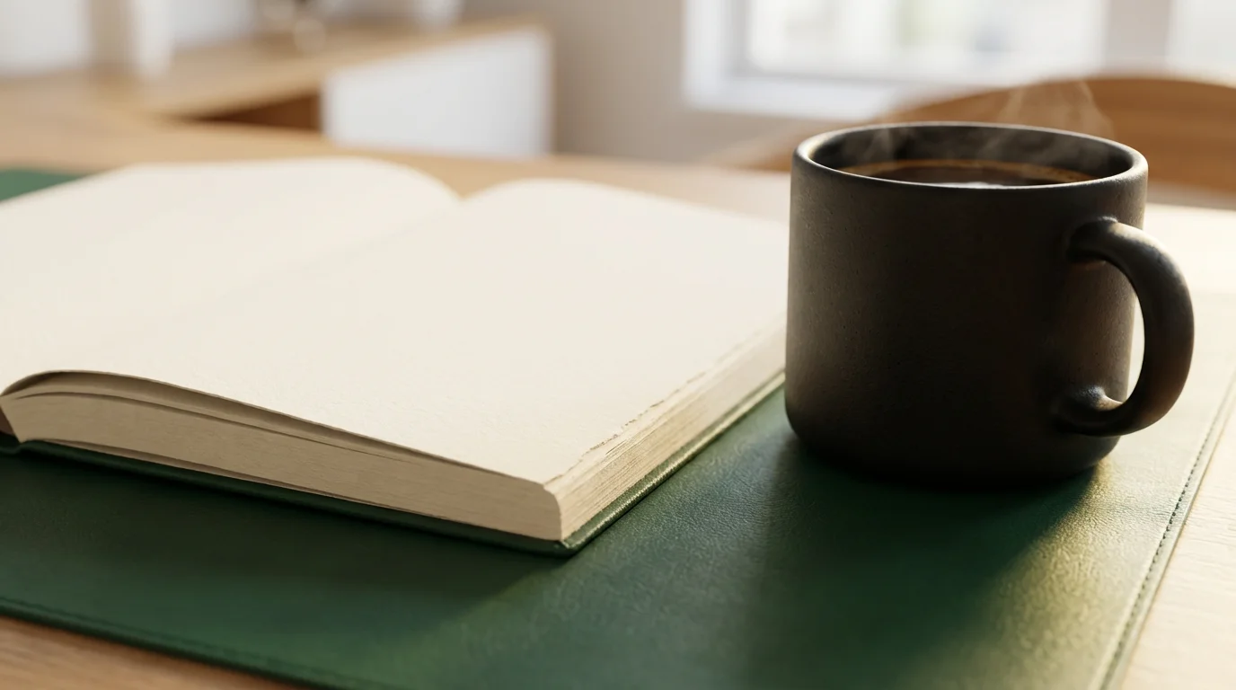 Macro shot of a matte black coffee mug placed next to a blank planner on a green leather desk mat.