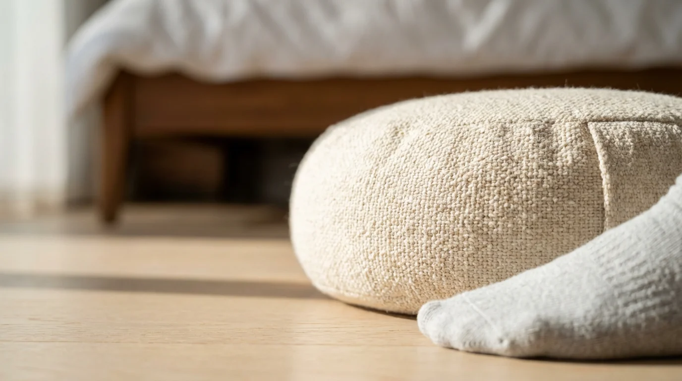 Macro shot of a meditation cushion placed right next to a person's foot in soft morning light.