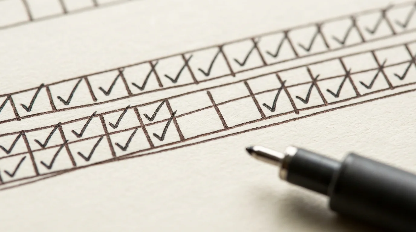 Macro shot of a minimalist journal page showing consistent daily habit tracking with small checkmarks.