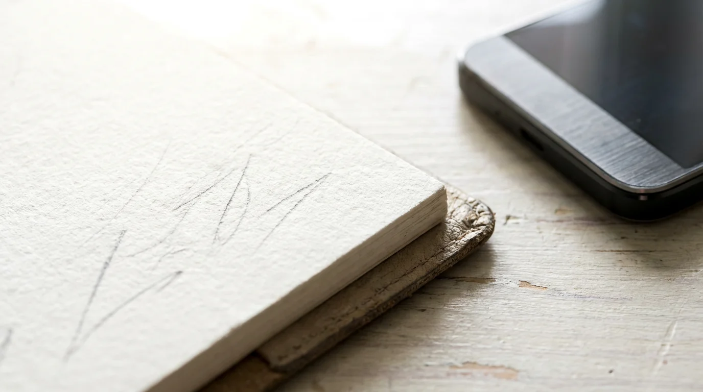 Macro shot of a minimalist planner next to a deliberately paused, face-down smartphone.