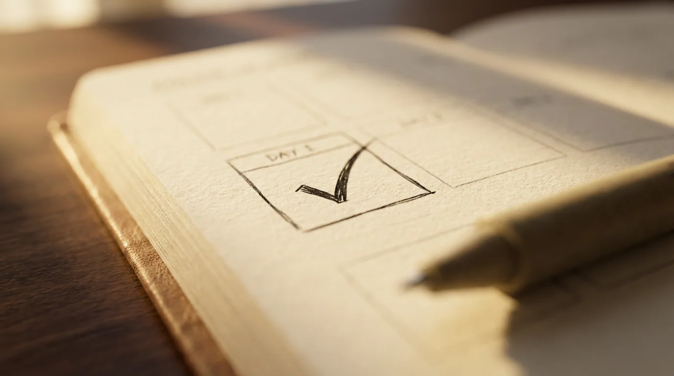Macro shot of a minimalist weekly planner with a single checkmark on Day 1.