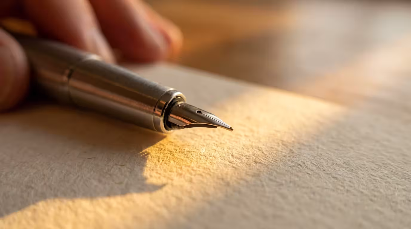 Macro shot of a pen tip on paper illuminated by warm golden sunlight.
