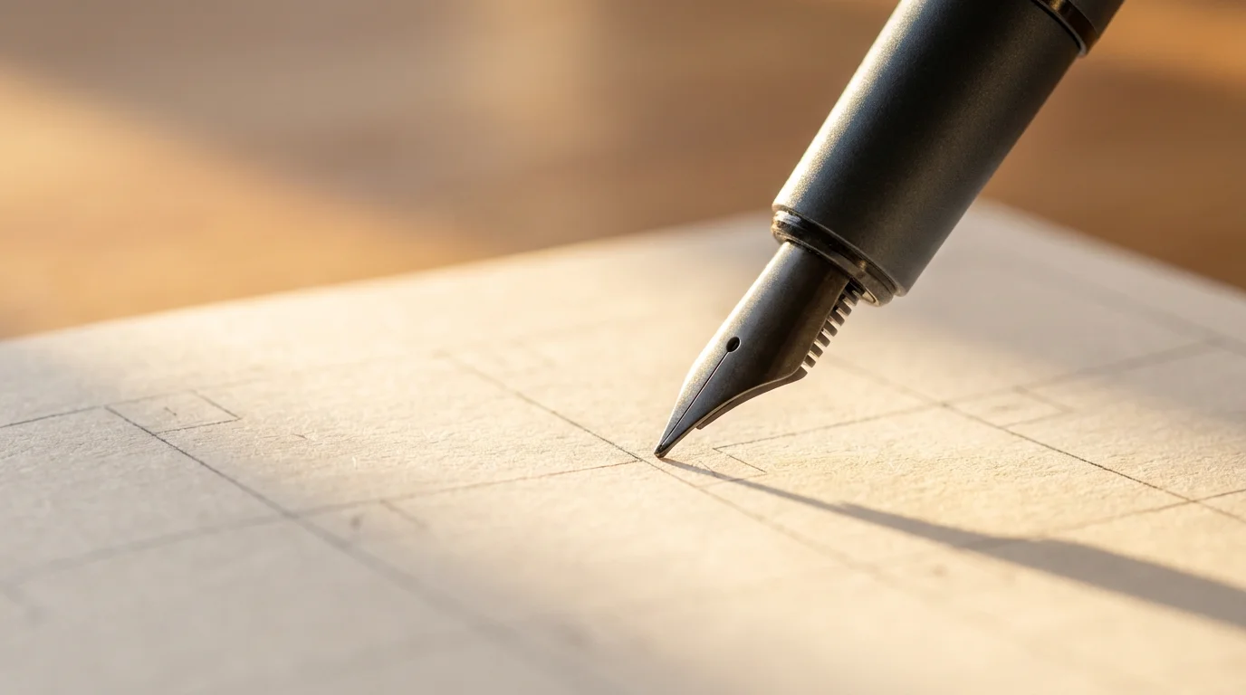Macro shot of a pen touching a planner page, illuminated by warm golden hour light, symbolizing the start of a schedule.