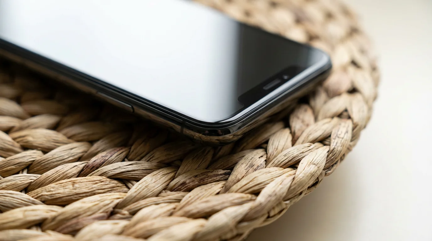 Macro shot of a powered-down smartphone resting inside a woven basket.