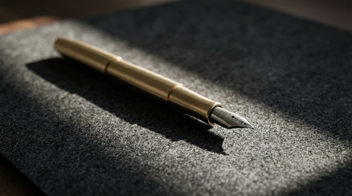 Macro shot of a single brass pen on a clean desk with moody afternoon shadows.