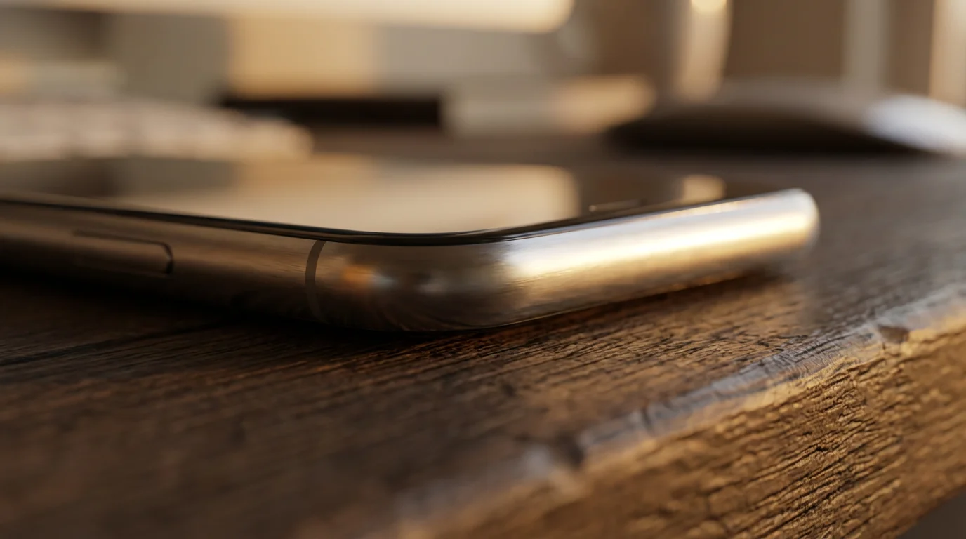 Macro shot of a smartphone lying face down on a wooden desk during golden hour.