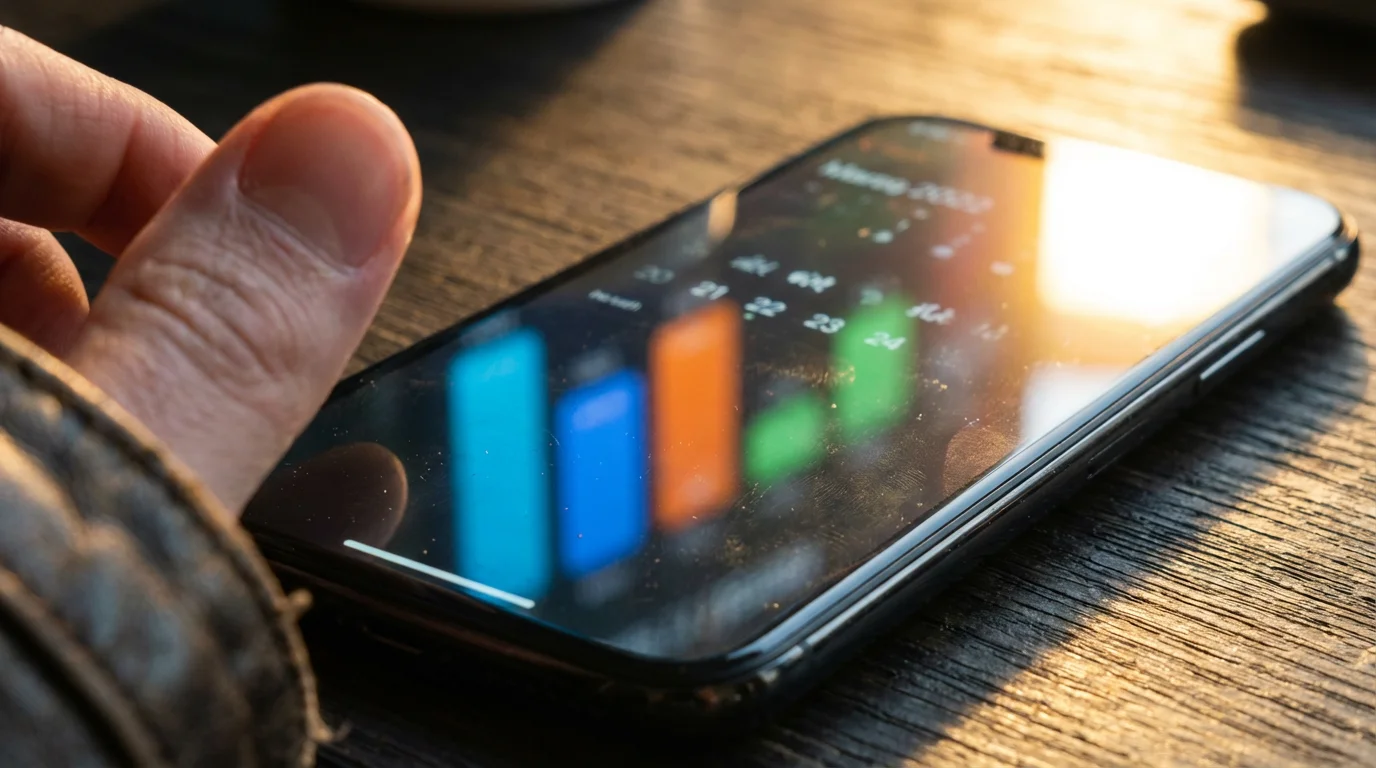 Macro shot of a smartphone screen showing colored time blocks in a digital calendar application during golden hour.