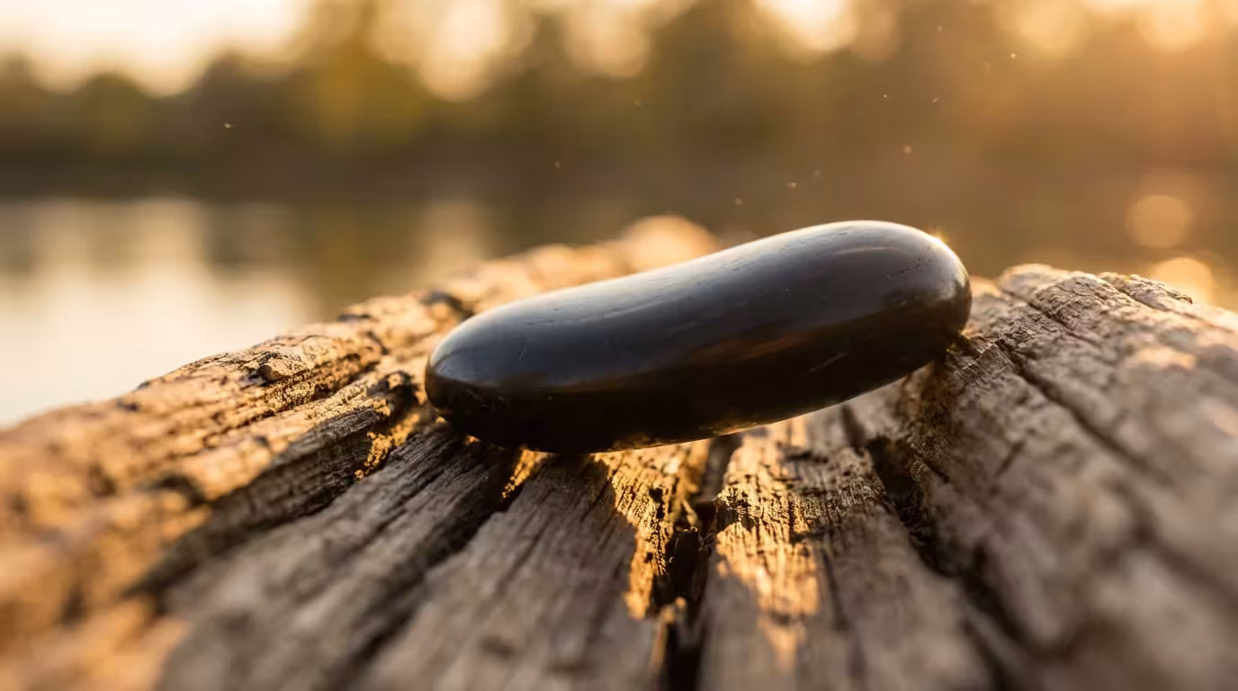 Macro shot of a smooth stone balancing on rough wood in warm golden lighting.