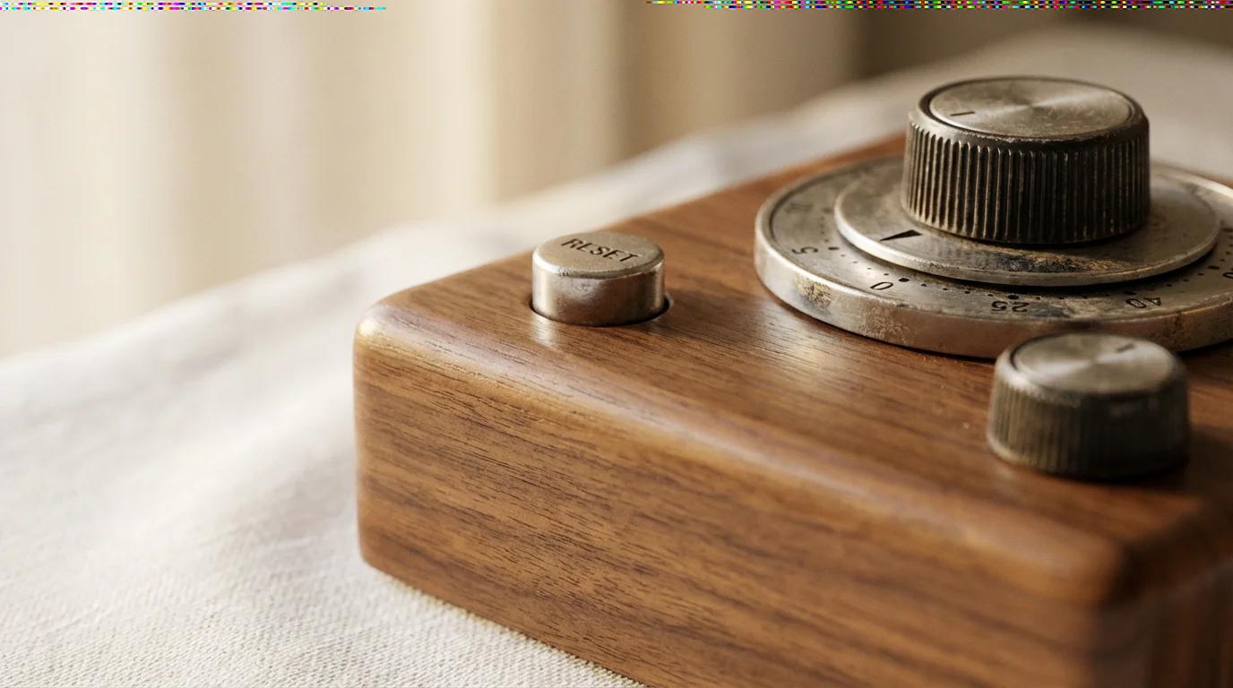 Macro shot of a wooden mechanical timer on a white linen surface, symbolizing resetting habits.