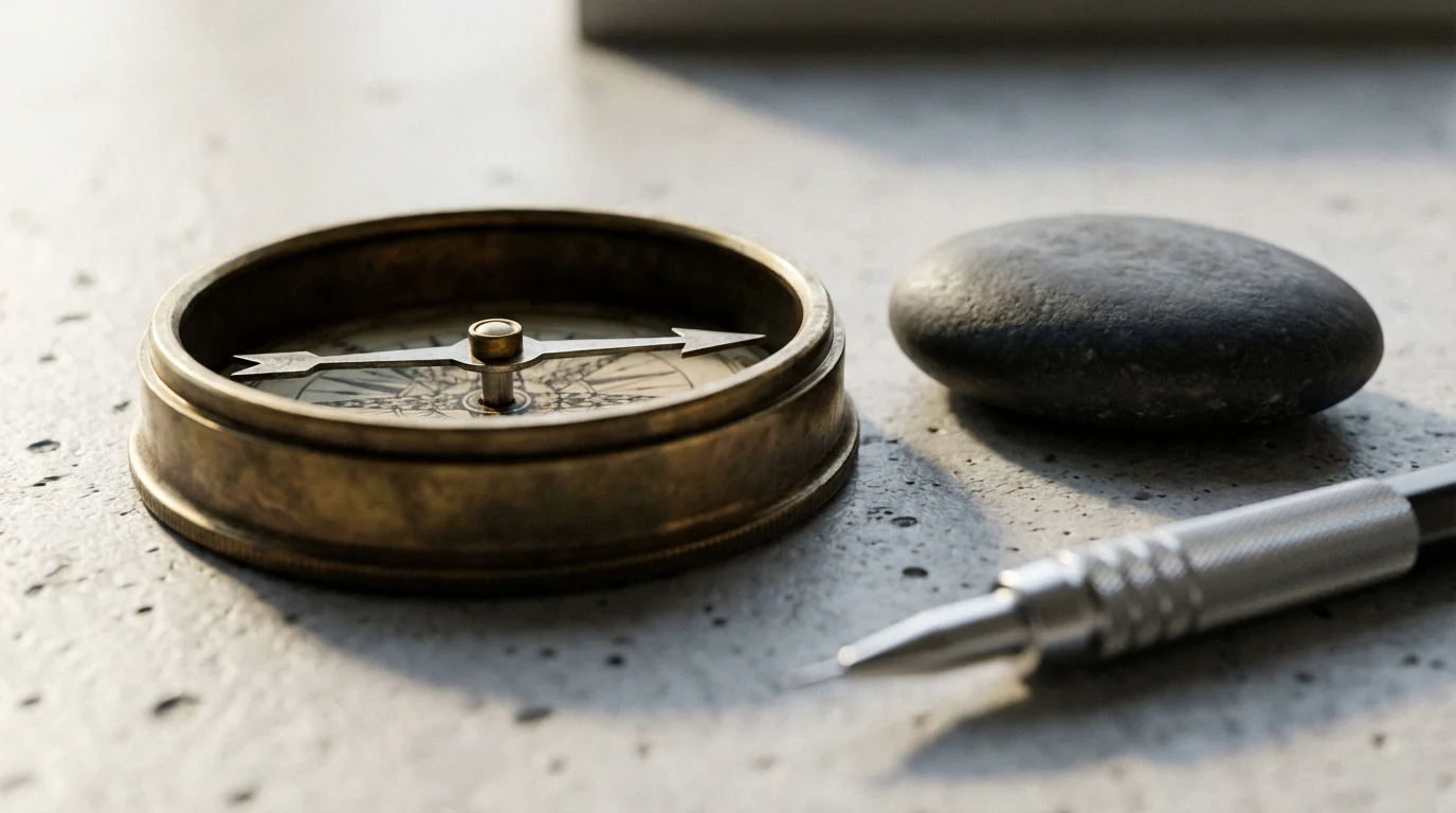 Macro shot of an antique brass compass and a smooth stone, symbolizing direction and core values.
