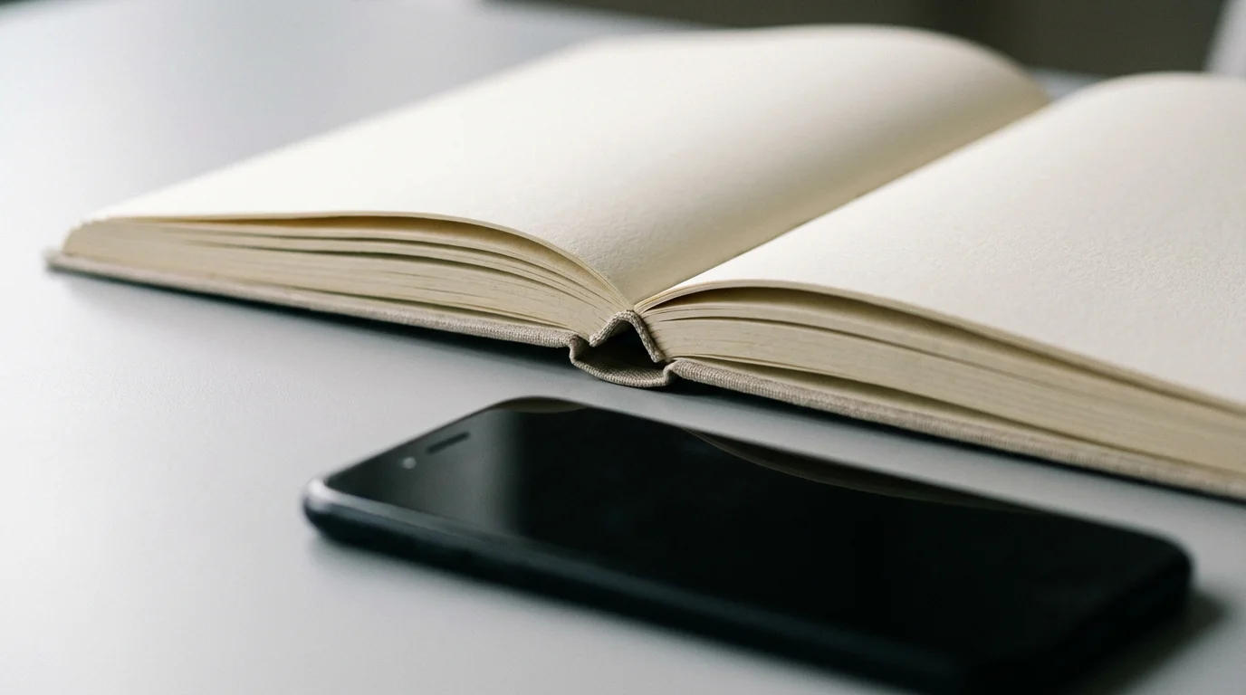 Macro shot of an open notebook next to a face-down phone, symbolizing deep focus.