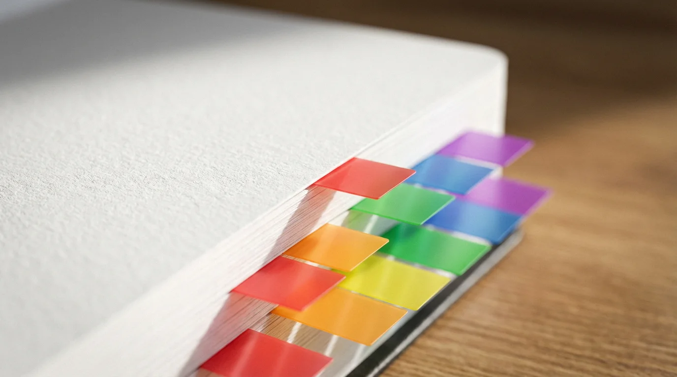 Macro shot of colorful notebook divider tabs representing organized task categorization.
