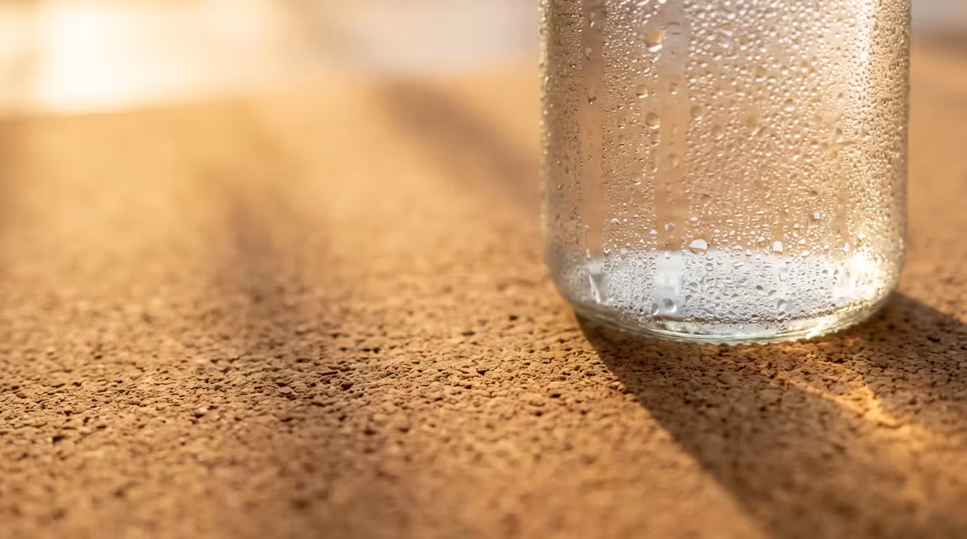 Macro shot of condensation on a water bottle resting on a cork yoga mat.