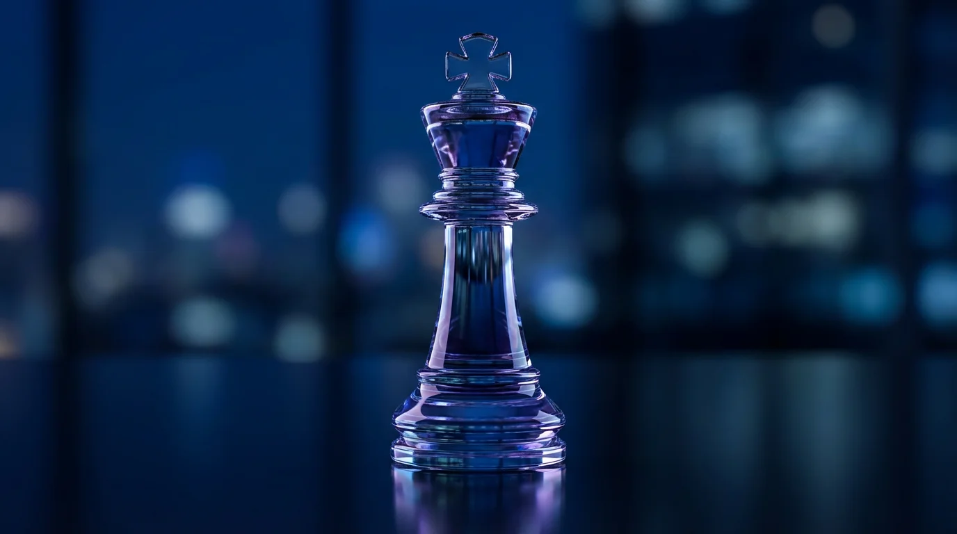 Macro shot of crystal chess piece glowing in blue evening light.