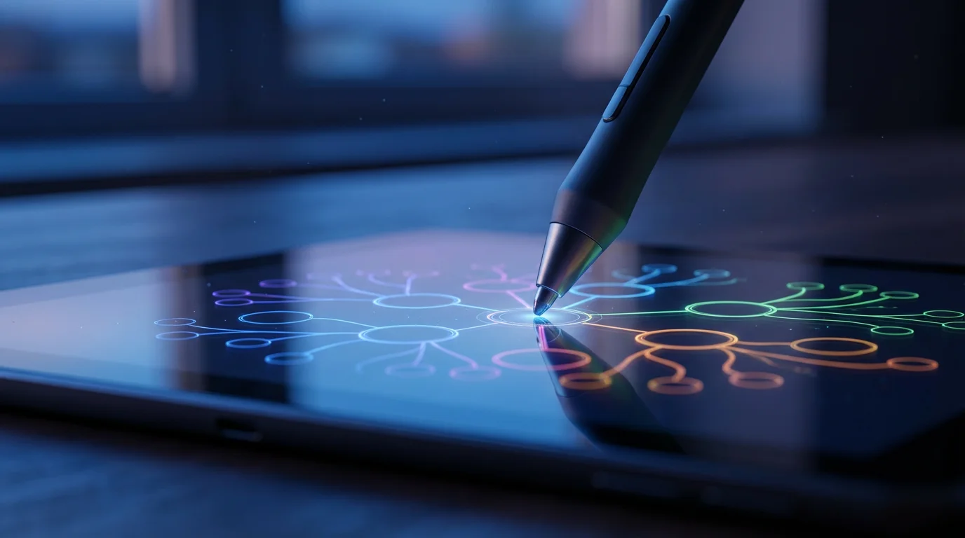 Macro shot of digital stylus creating abstract mind map nodes on glowing tablet screen.