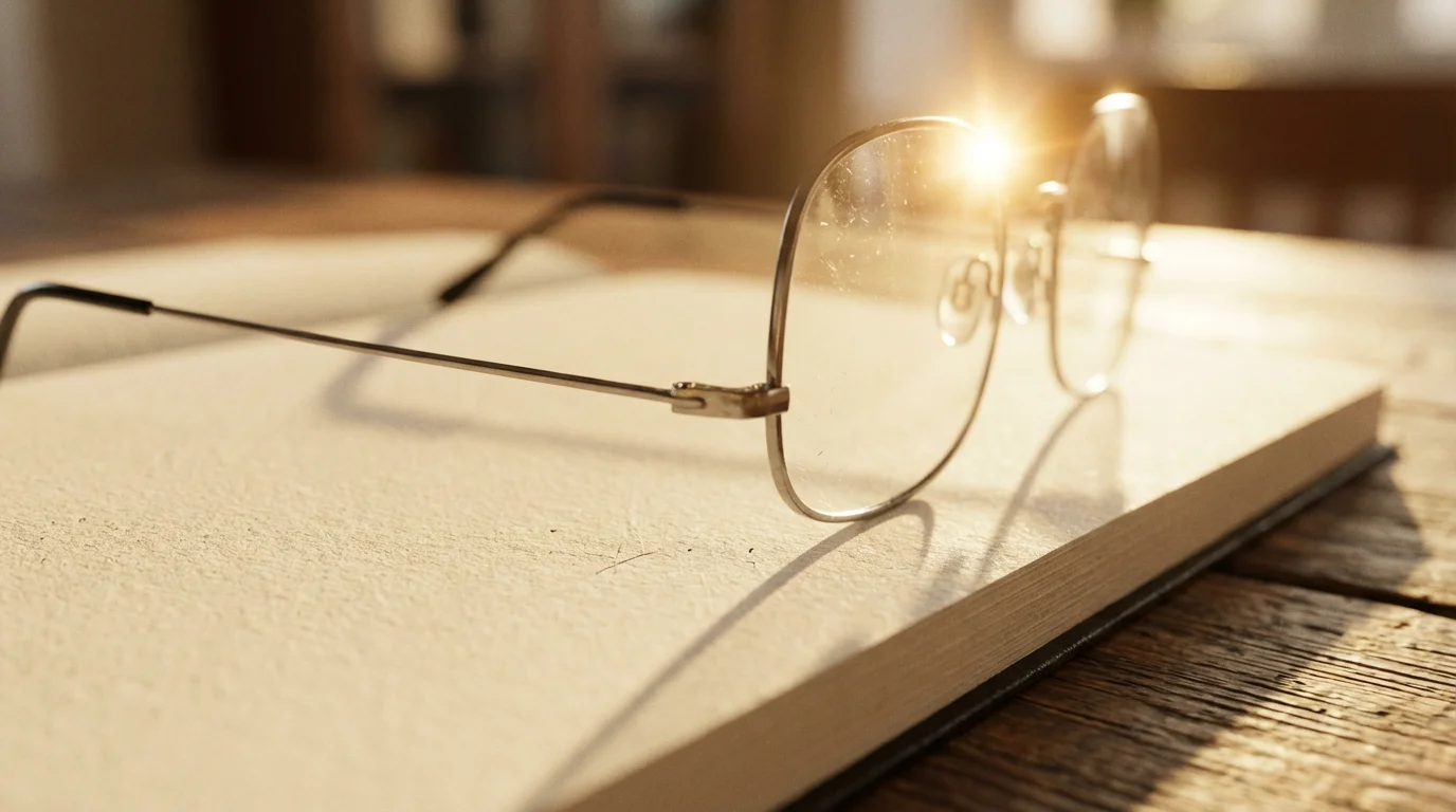 Macro shot of glasses on a blank book illuminated by warm golden sunlight.
