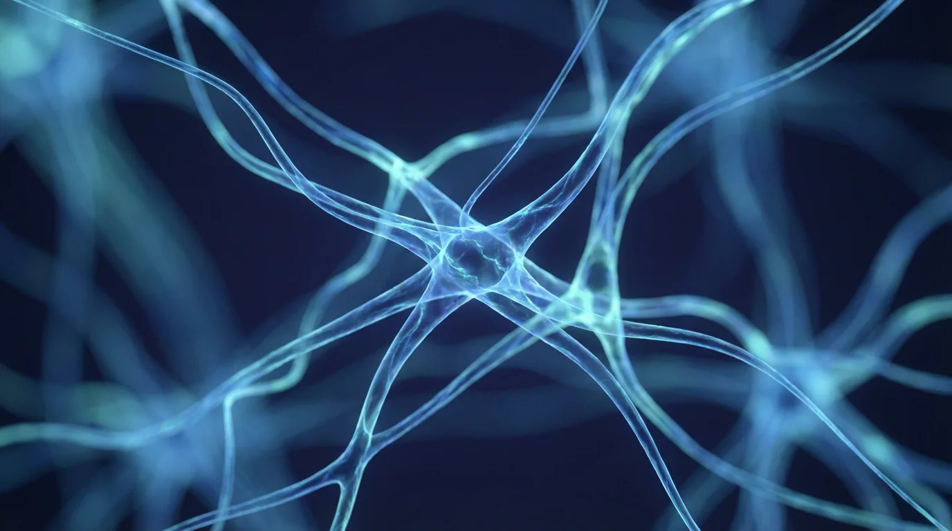 Macro shot of glowing blue filaments representing complex neural networks and brain activity.