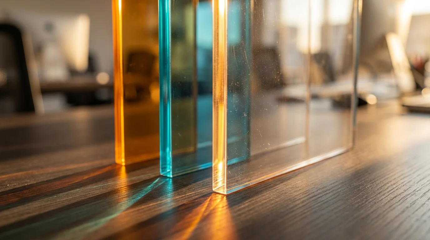 Macro shot of glowing translucent acrylic dividers in warm sunlight representing organized communication channels.