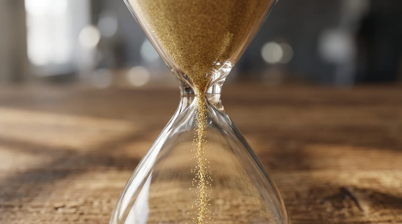 Macro shot of golden sand flowing through a glass hourglass on a wooden desk.