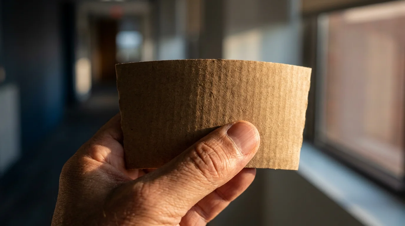 Macro shot of hand holding paper coffee cup in moody lighting representing quick meetings.