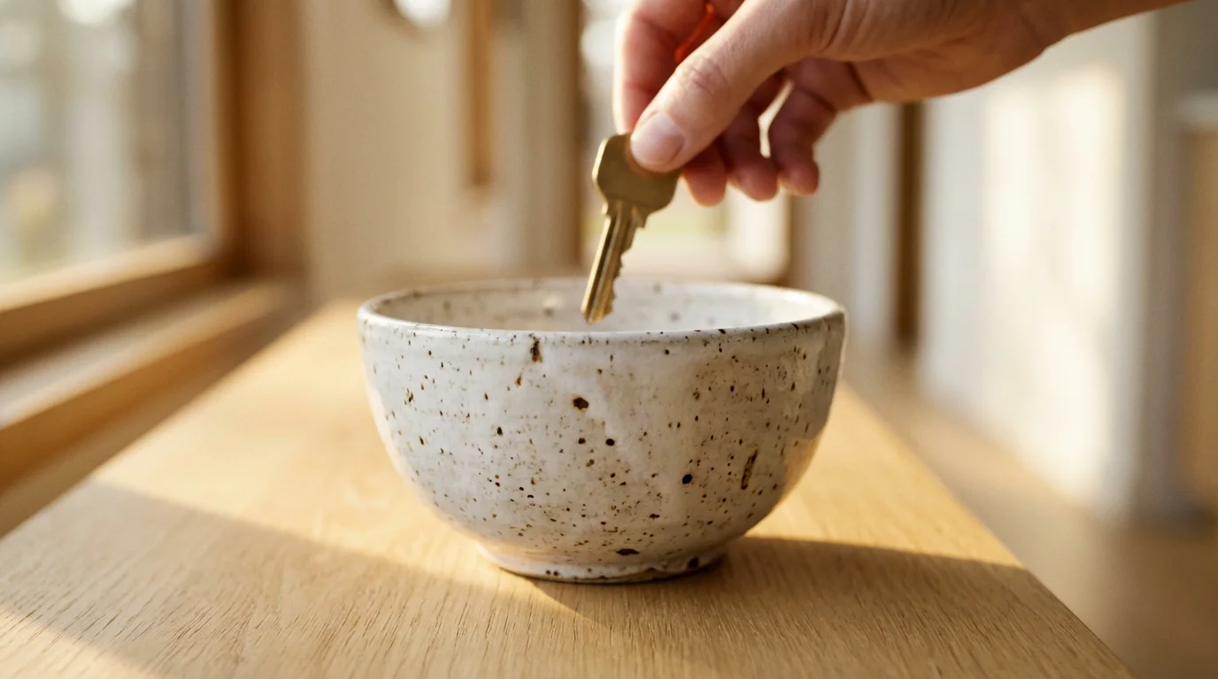 Macro shot of hand placing key into ceramic bowl with soft morning lighting.